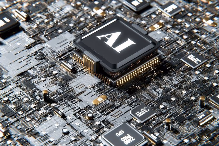 Close-up of a computer circuit board with a prominent AI processor chip