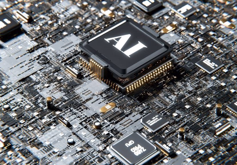 Close-up of a computer circuit board with a prominent AI processor chip
