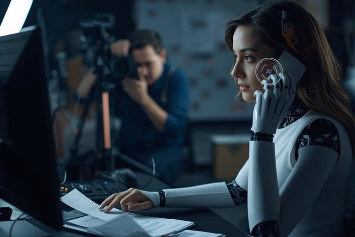 A woman with robotic arms works at a desk with paperwork, symbolizing AI assistance in business