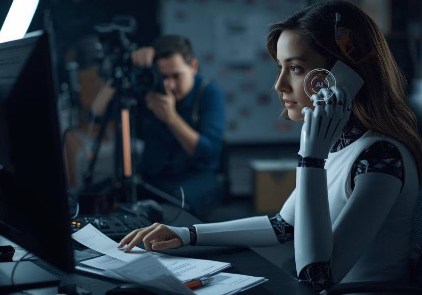 A woman with robotic arms works at a desk with paperwork, symbolizing AI assistance in business