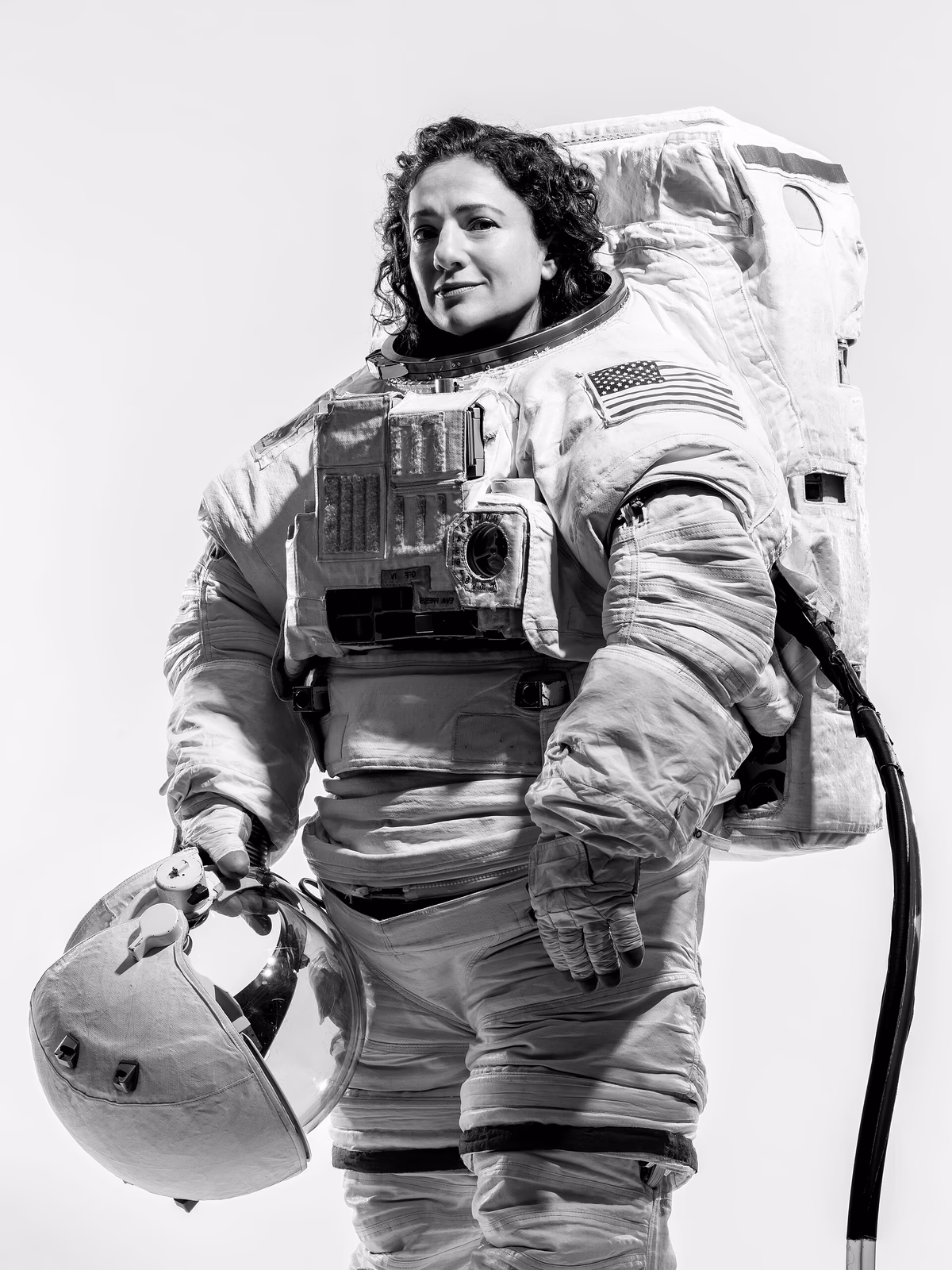 Jessica Meir official portrait in an EMU (B&W)
