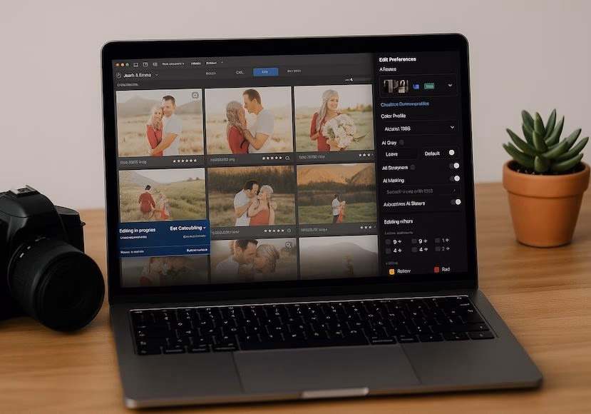 A laptop displaying a photo editing application with AI-assisted editing features